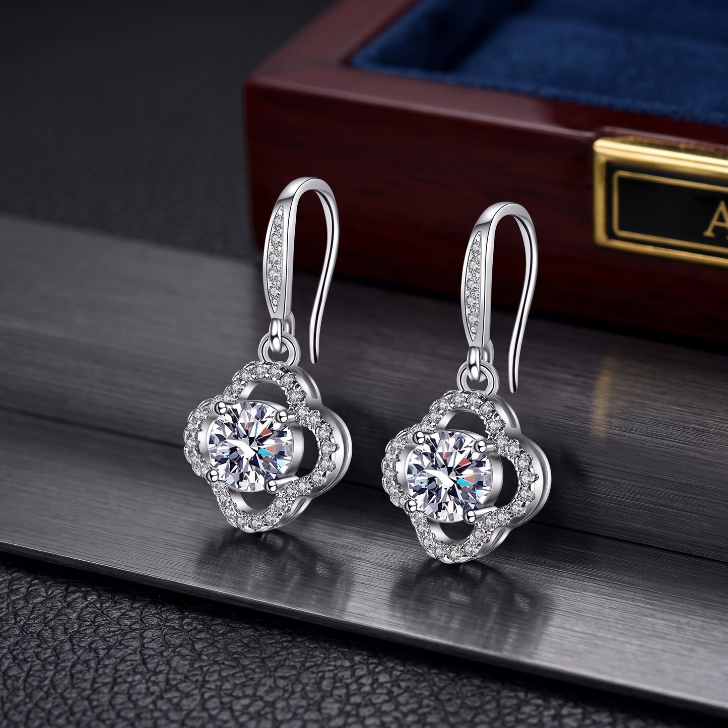 925 Sterling Silver Leaf Drop Earrings with Cubic Zirconia - Silver