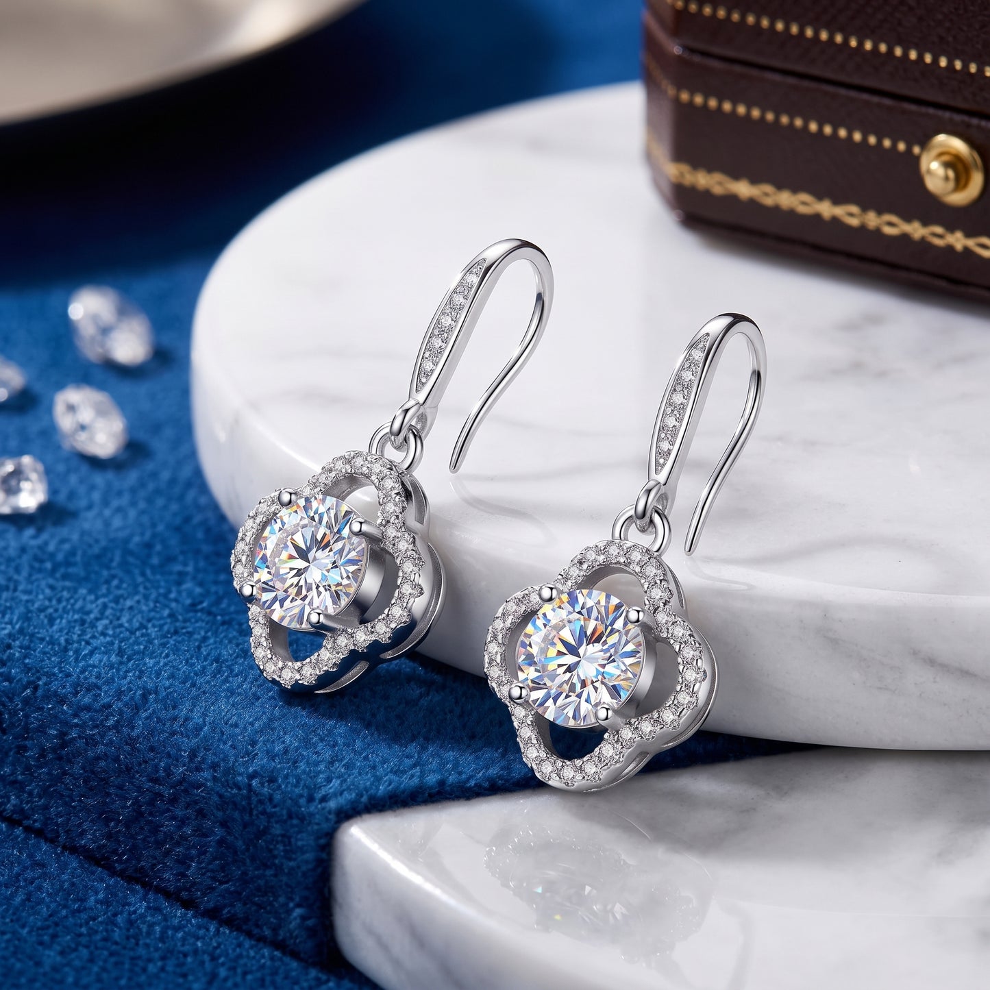 925 Sterling Silver Leaf Drop Earrings with Cubic Zirconia - Silver