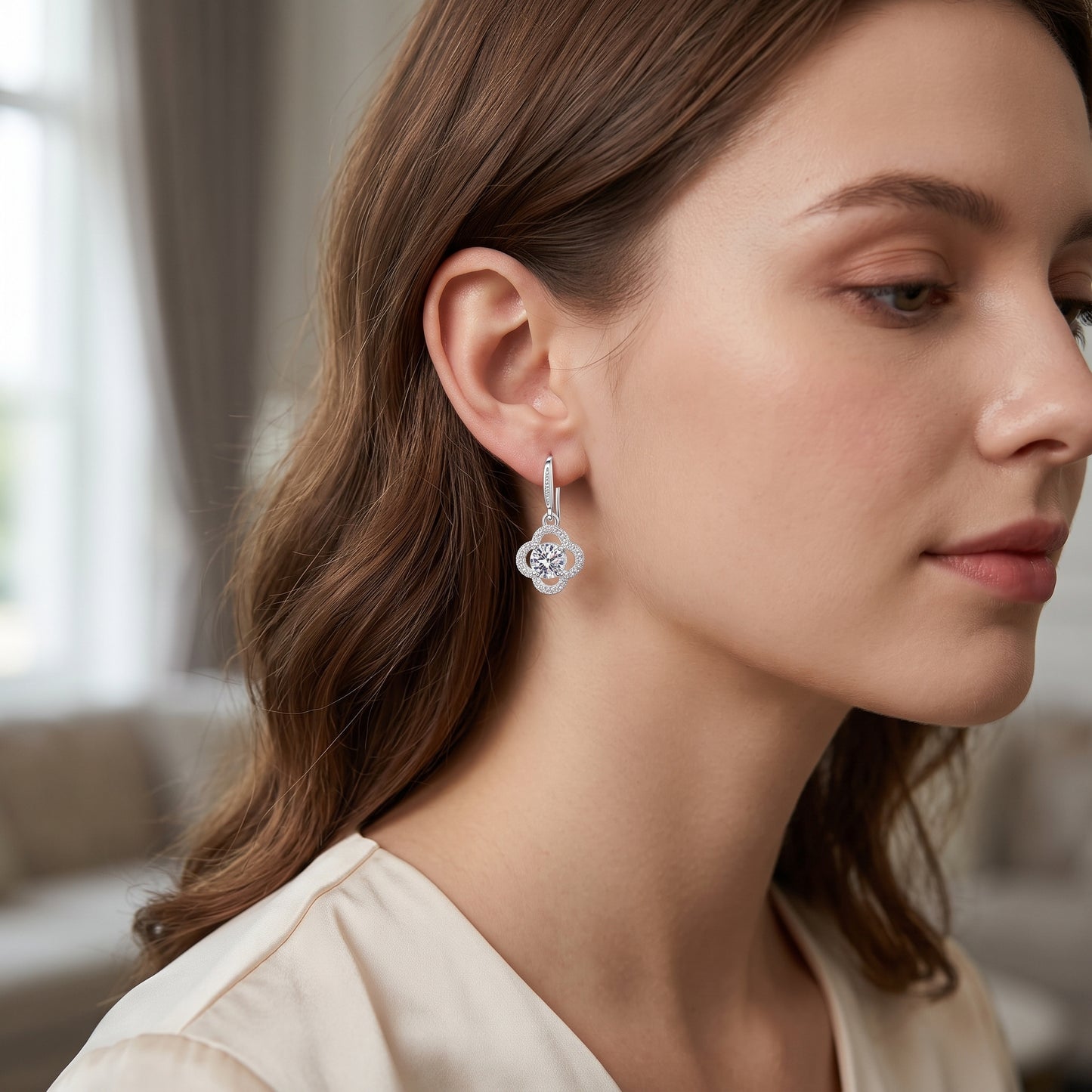 925 Sterling Silver Leaf Drop Earrings with Cubic Zirconia - Silver