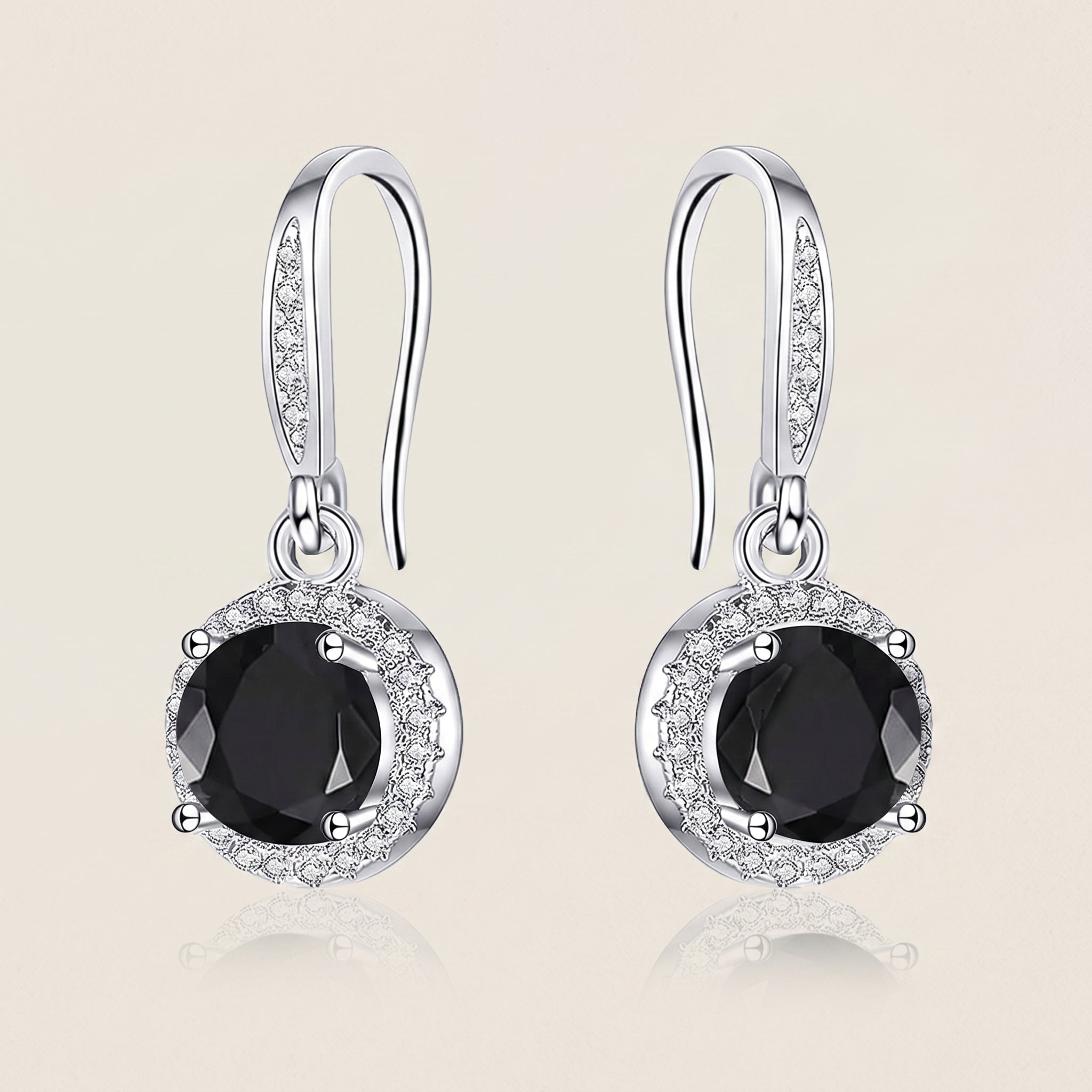 925 Sterling Silver Round Drop Earrings with Black Cubic Zirconia - Silver