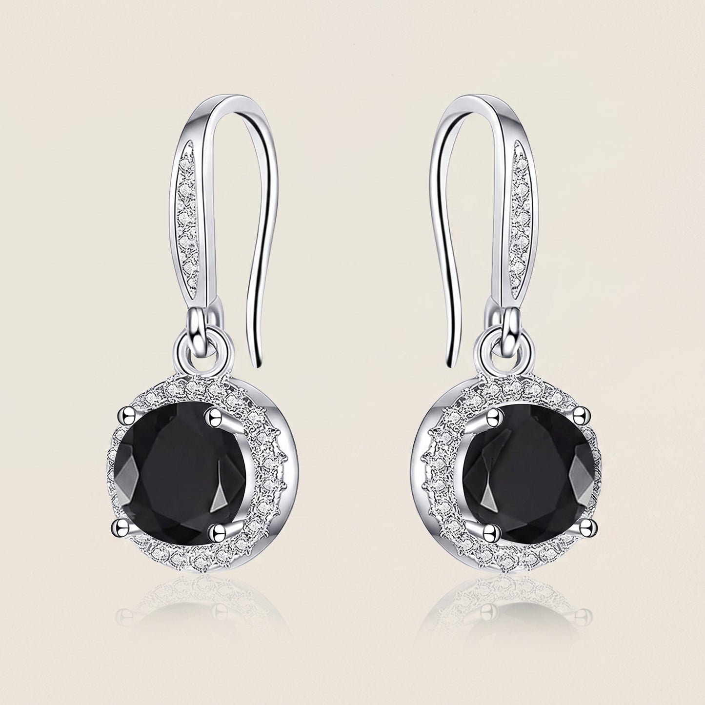 925 Sterling Silver Round Drop Earrings with Black Cubic Zirconia - Silver