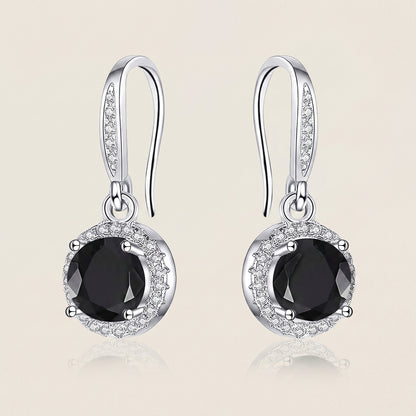 925 Sterling Silver Round Drop Earrings with Black Cubic Zirconia - Silver