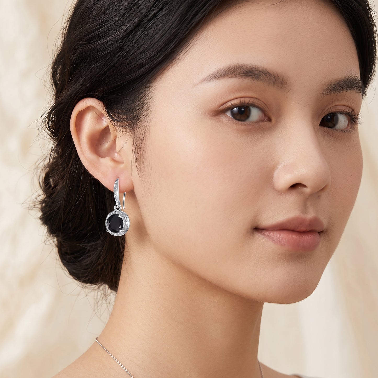925 Sterling Silver Round Drop Earrings with Black Cubic Zirconia - Silver
