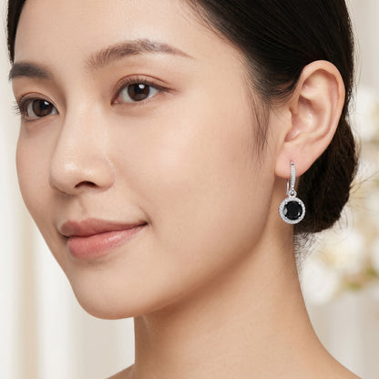 925 Sterling Silver Round Drop Earrings with Black Cubic Zirconia - Silver