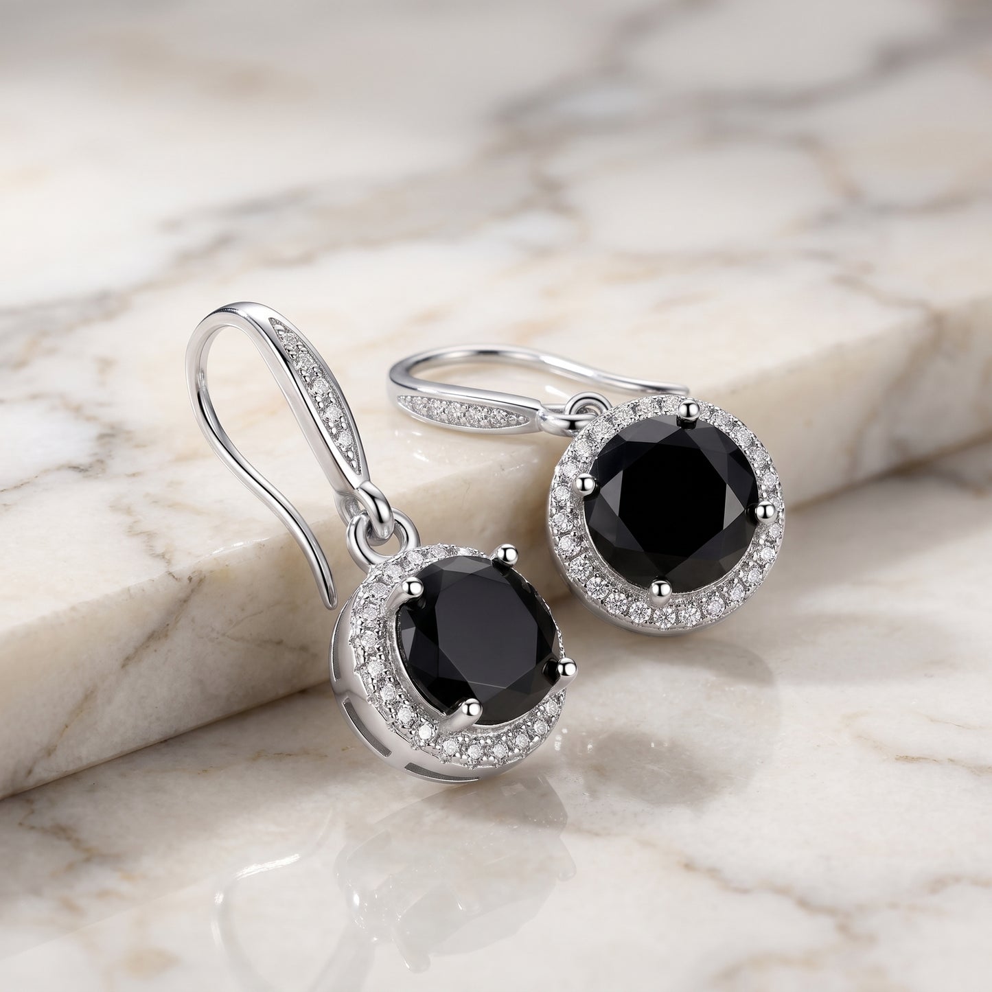 925 Sterling Silver Round Drop Earrings with Black Cubic Zirconia - Silver
