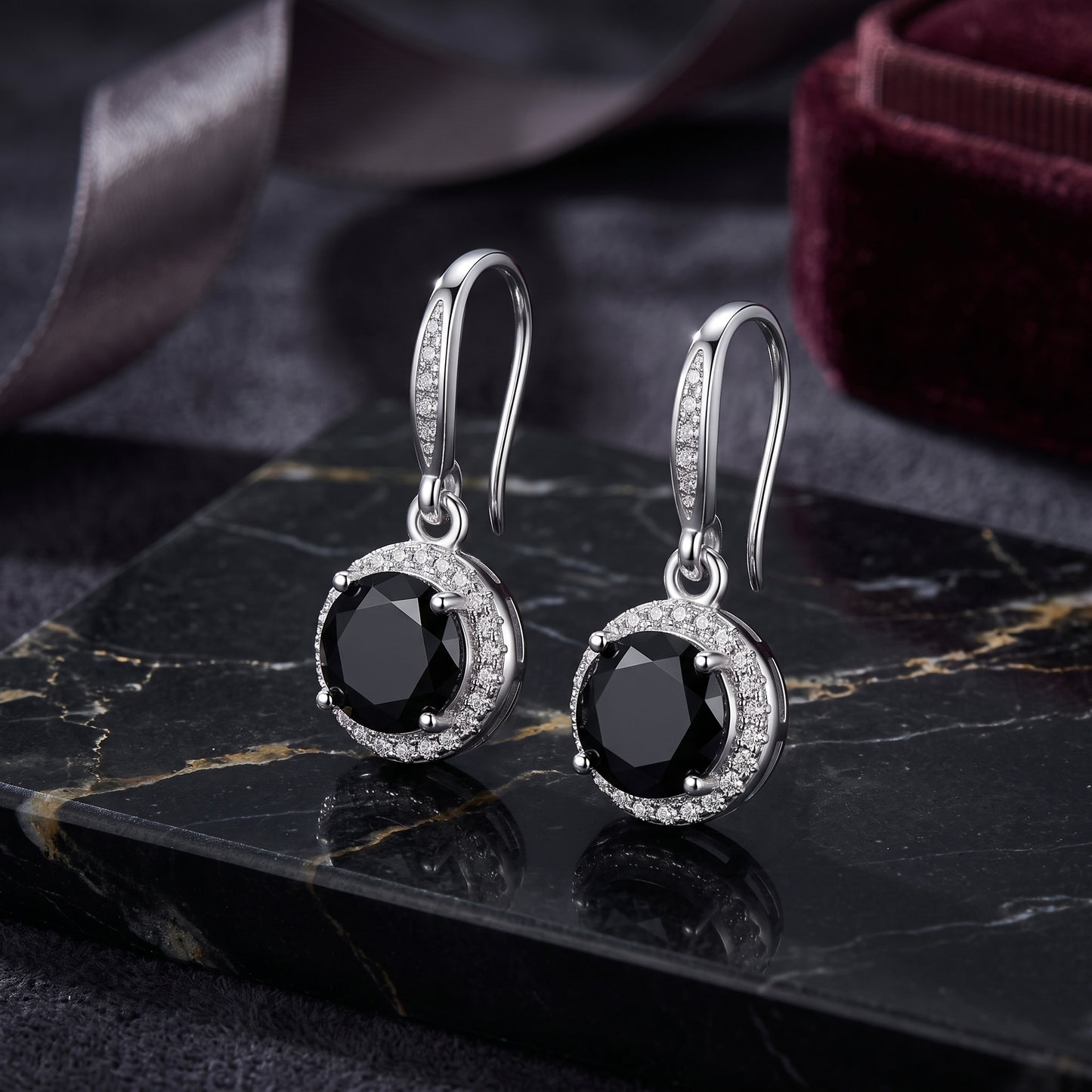 925 Sterling Silver Round Drop Earrings with Black Cubic Zirconia - Silver