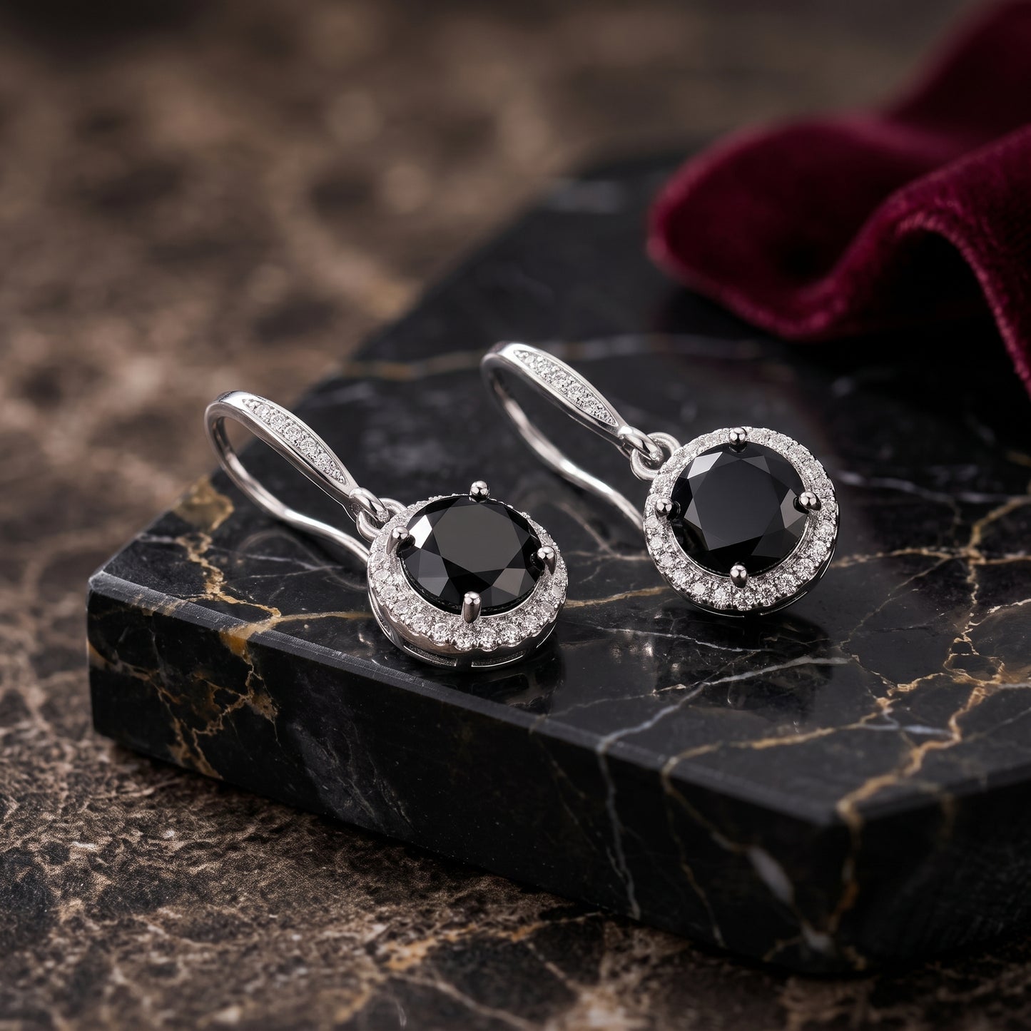 925 Sterling Silver Round Drop Earrings with Black Cubic Zirconia - Silver