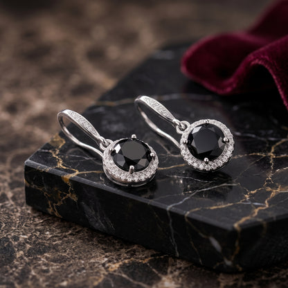 925 Sterling Silver Round Drop Earrings with Black Cubic Zirconia - Silver