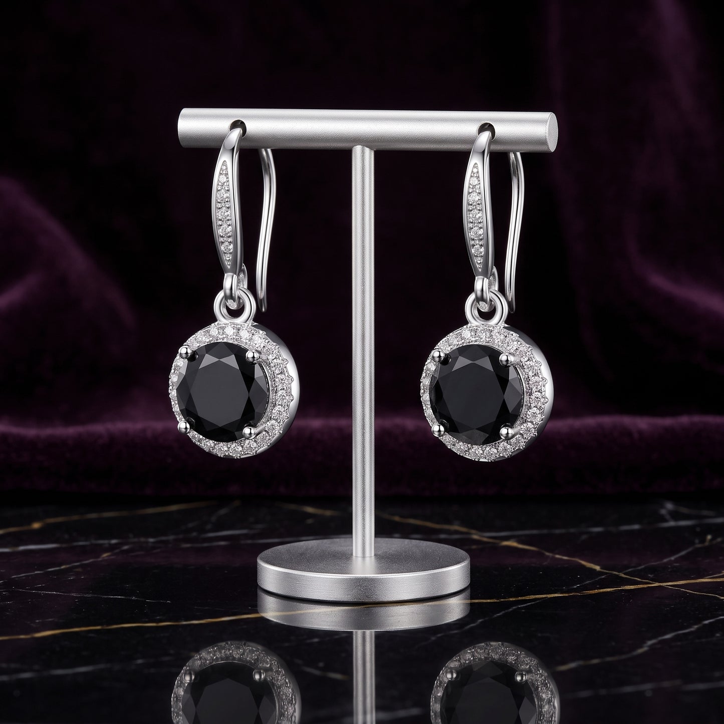 925 Sterling Silver Round Drop Earrings with Black Cubic Zirconia - Silver