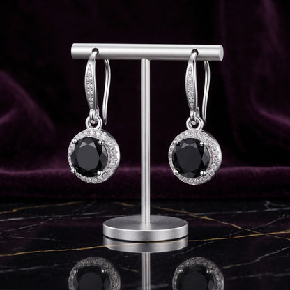 925 Sterling Silver Round Drop Earrings with Black Cubic Zirconia - Silver