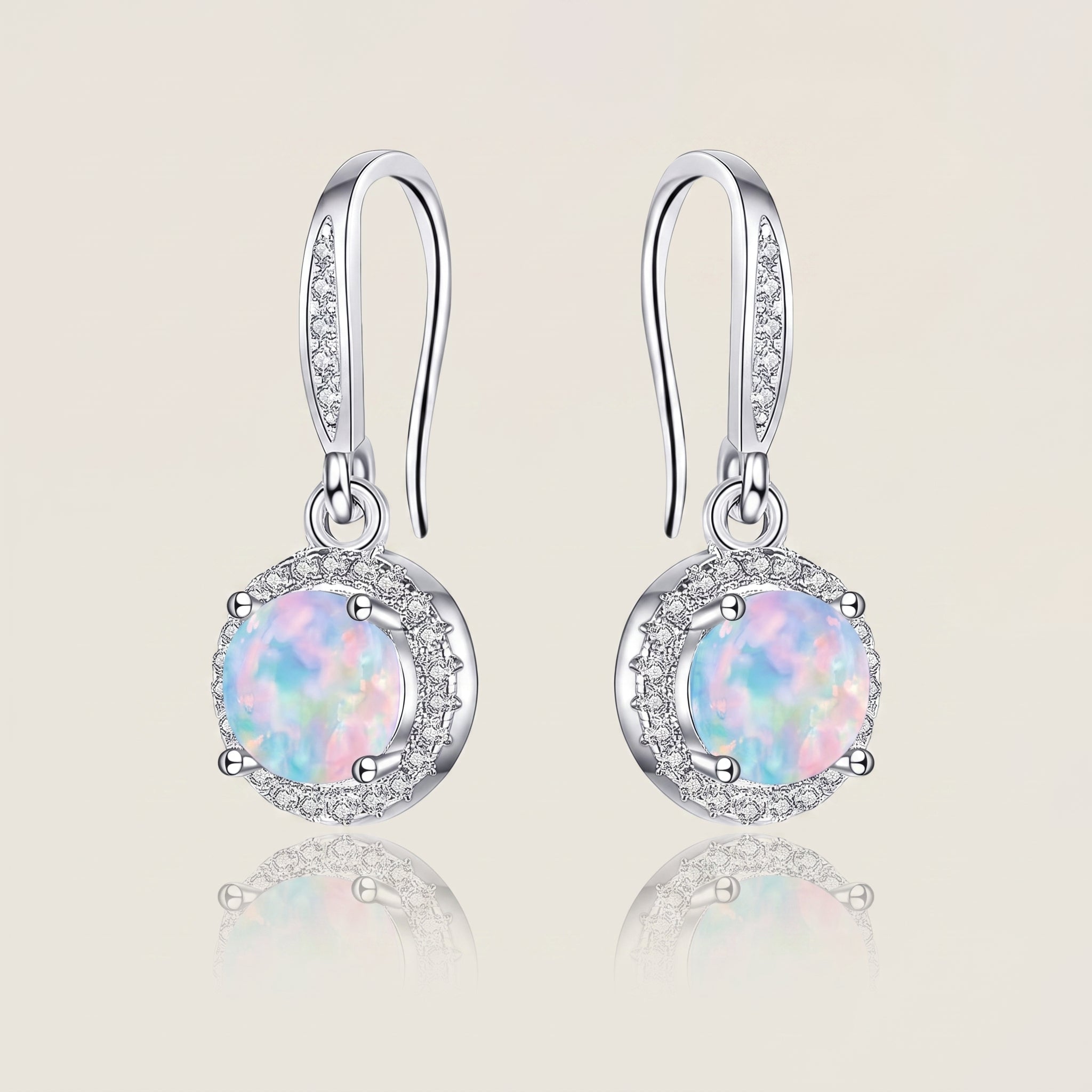 925 Sterling Silver Round Drop Earrings with Opal - Silver