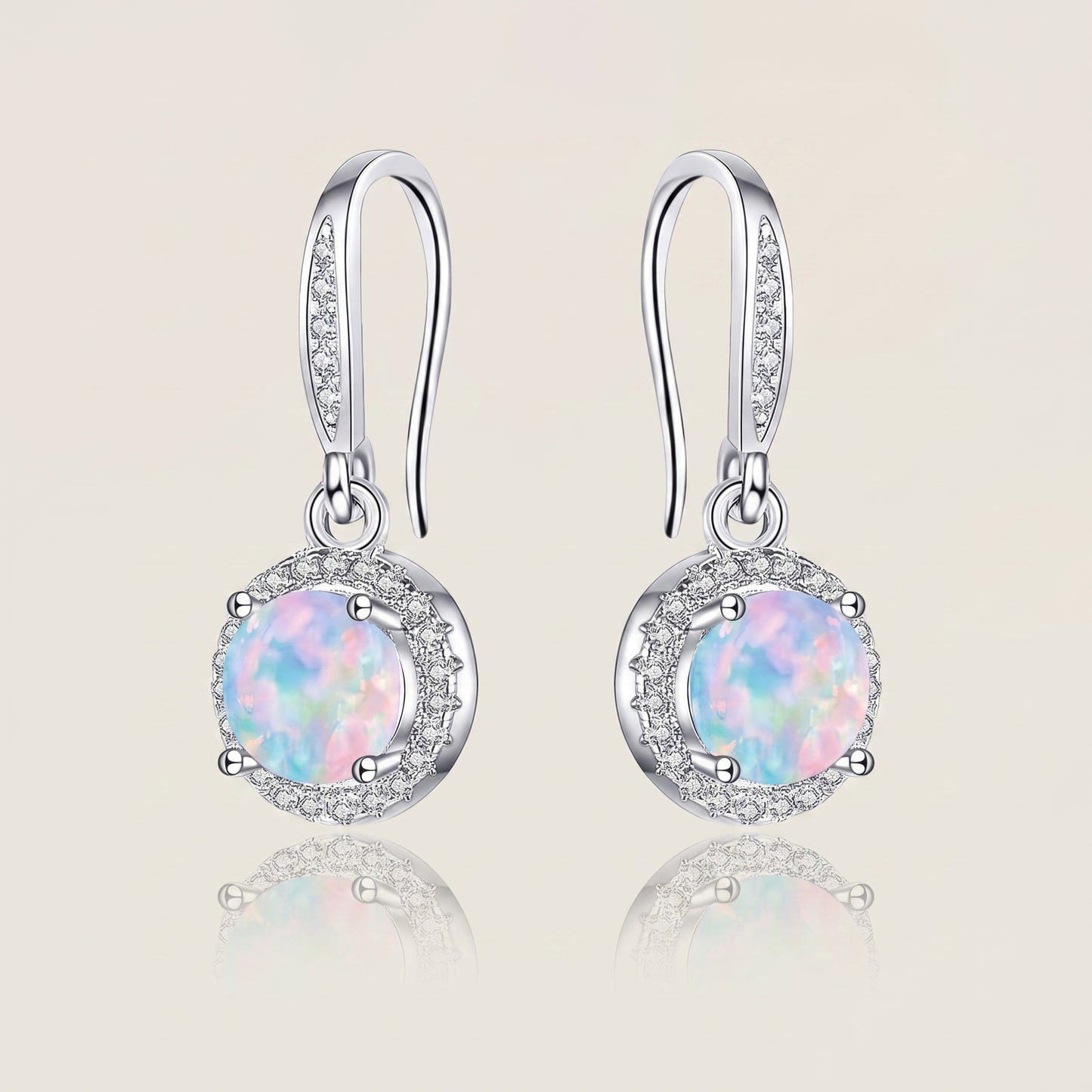 925 Sterling Silver Round Drop Earrings with Opal - Silver