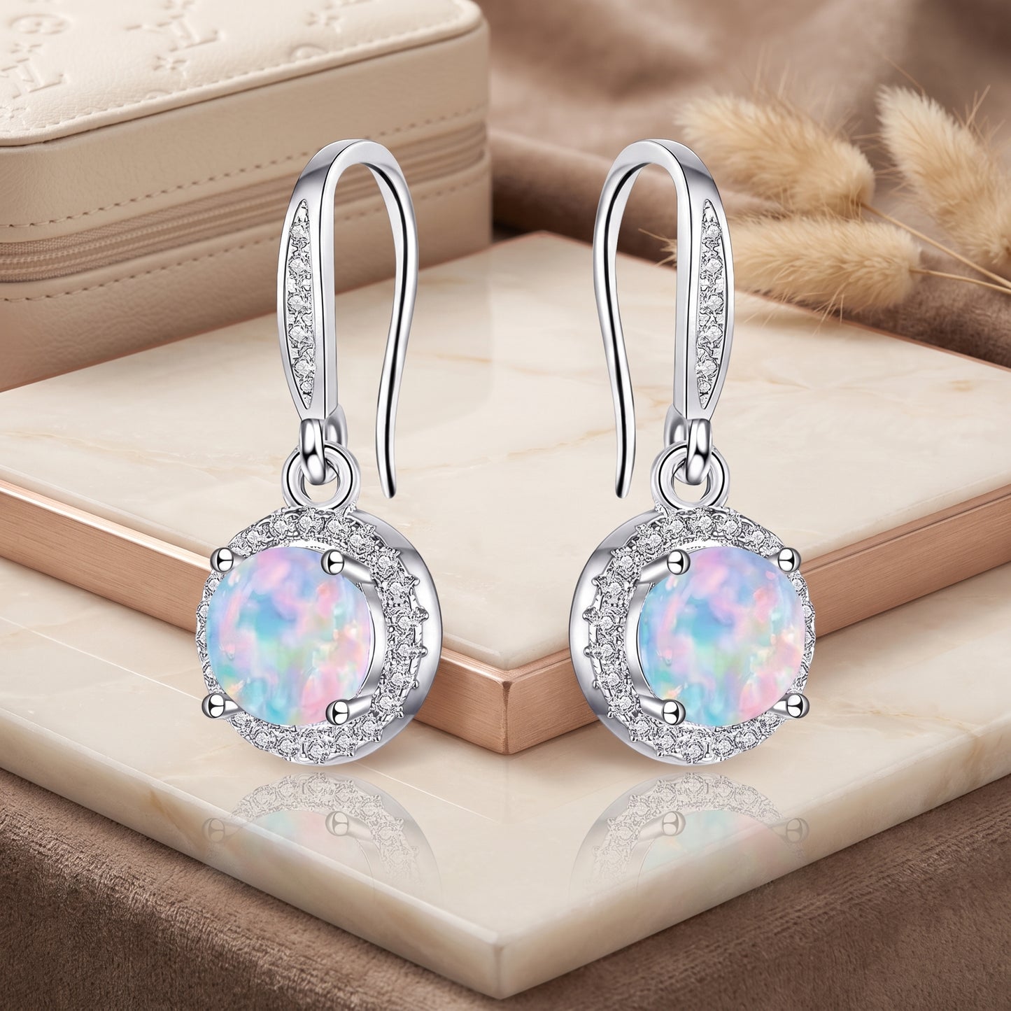 925 Sterling Silver Round Drop Earrings with Opal - Silver