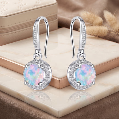 925 Sterling Silver Round Drop Earrings with Opal - Silver