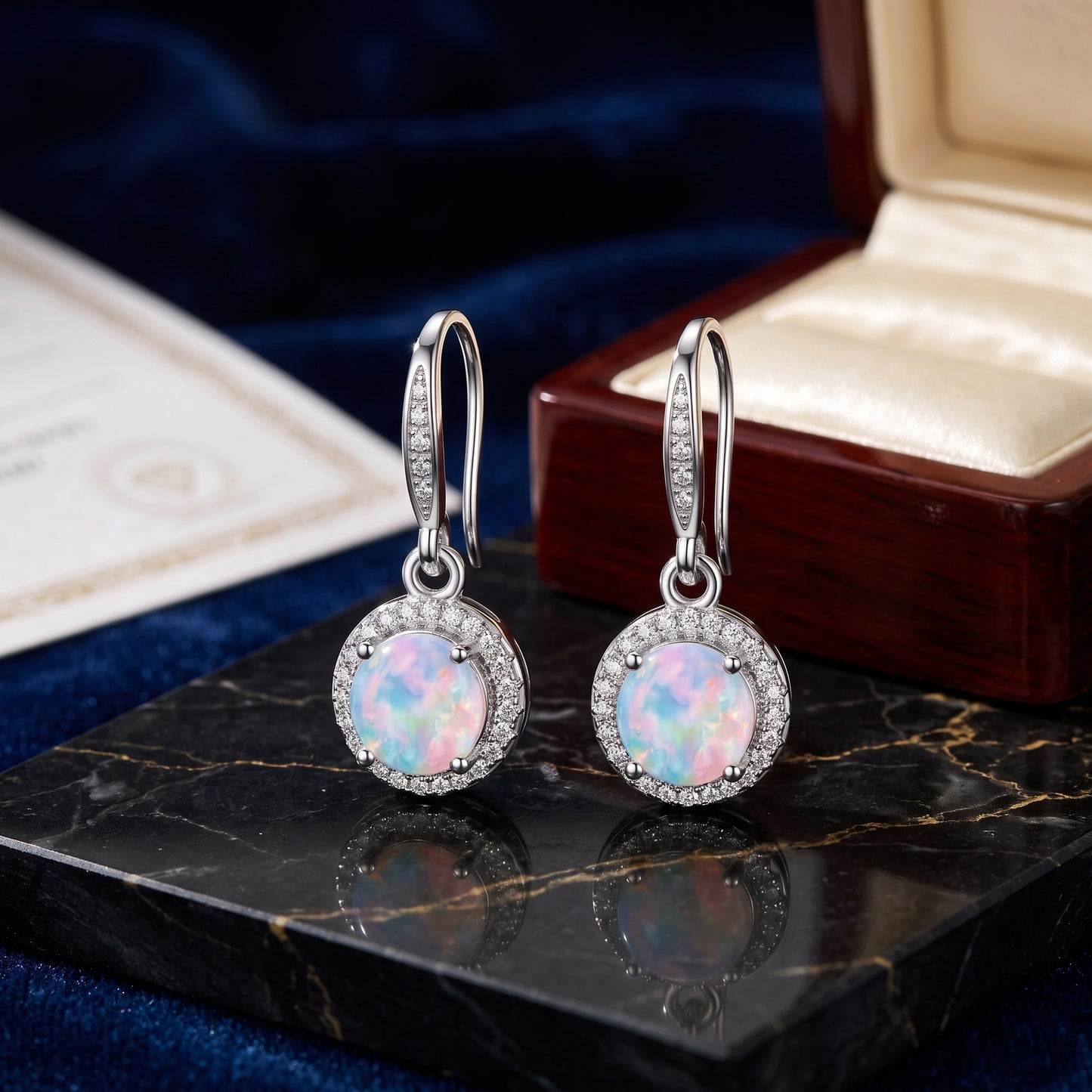 925 Sterling Silver Round Drop Earrings with Opal - Silver