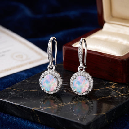 925 Sterling Silver Round Drop Earrings with Opal - Silver