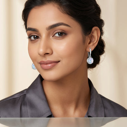 925 Sterling Silver Round Drop Earrings with Opal - Silver