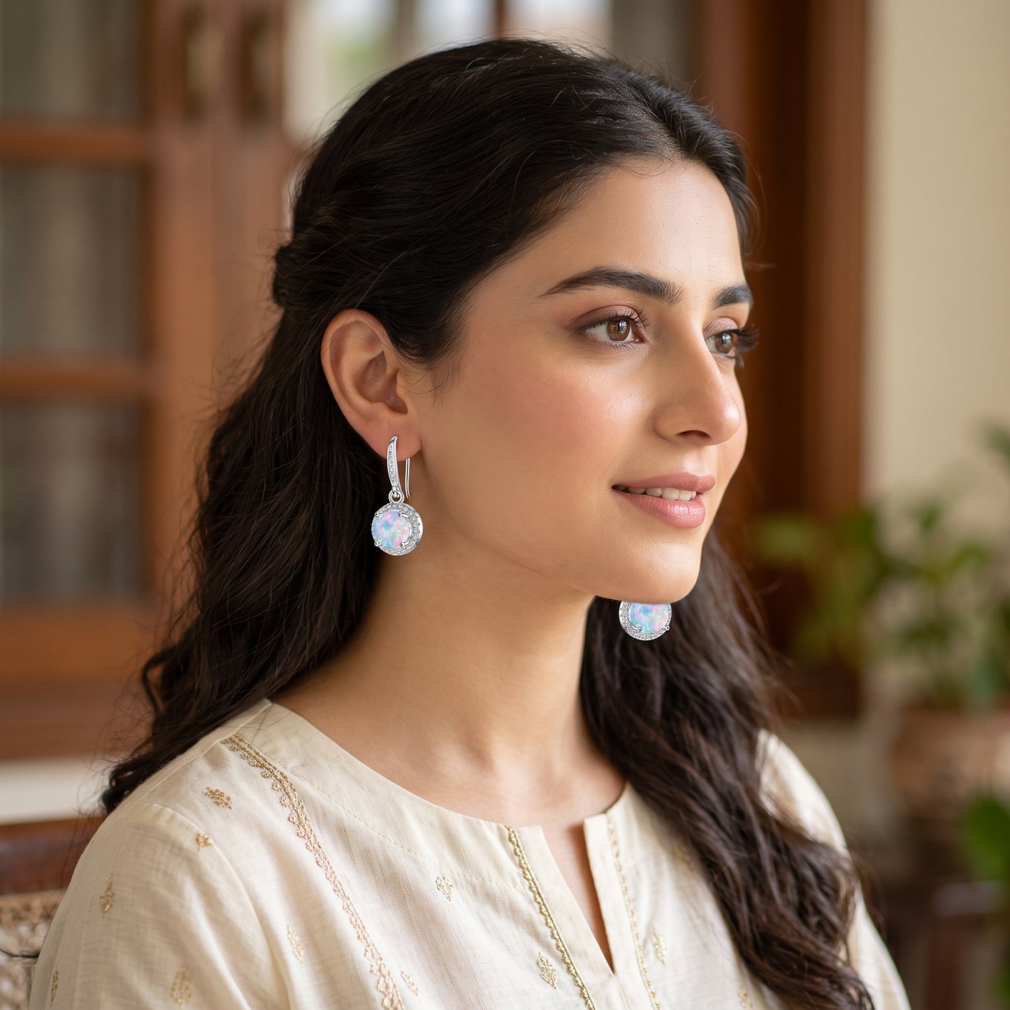 925 Sterling Silver Round Drop Earrings with Opal - Silver