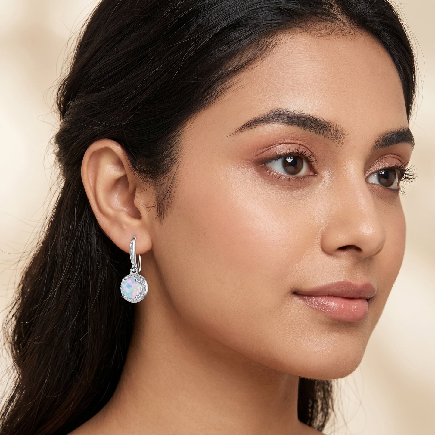 925 Sterling Silver Round Drop Earrings with Opal - Silver