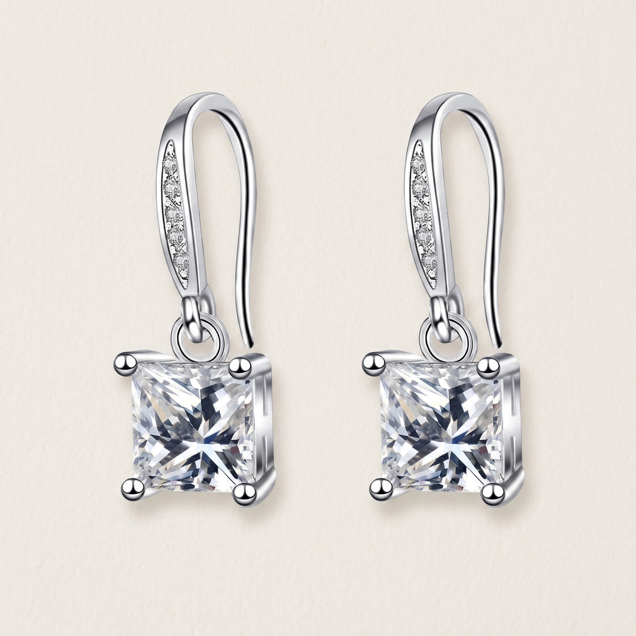 925 Sterling Silver Square Drop Earrings with AAAAA Cubic Zirconia - Silver