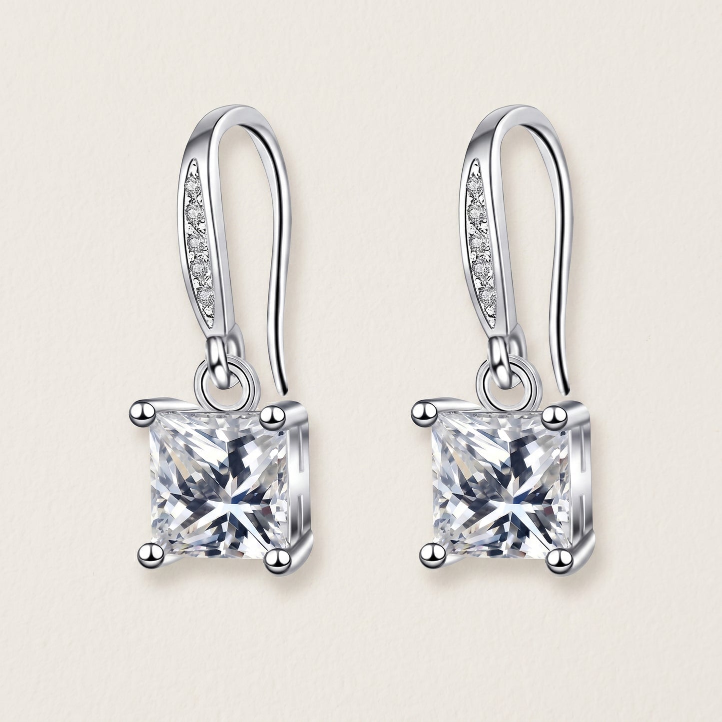 925 Sterling Silver Square Drop Earrings with AAAAA Cubic Zirconia - Silver