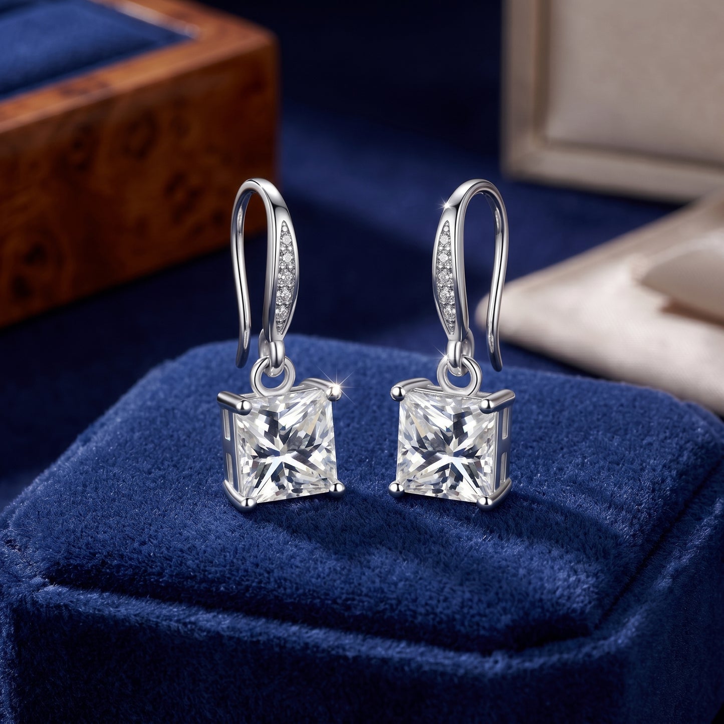 925 Sterling Silver Square Drop Earrings with AAAAA Cubic Zirconia - Silver