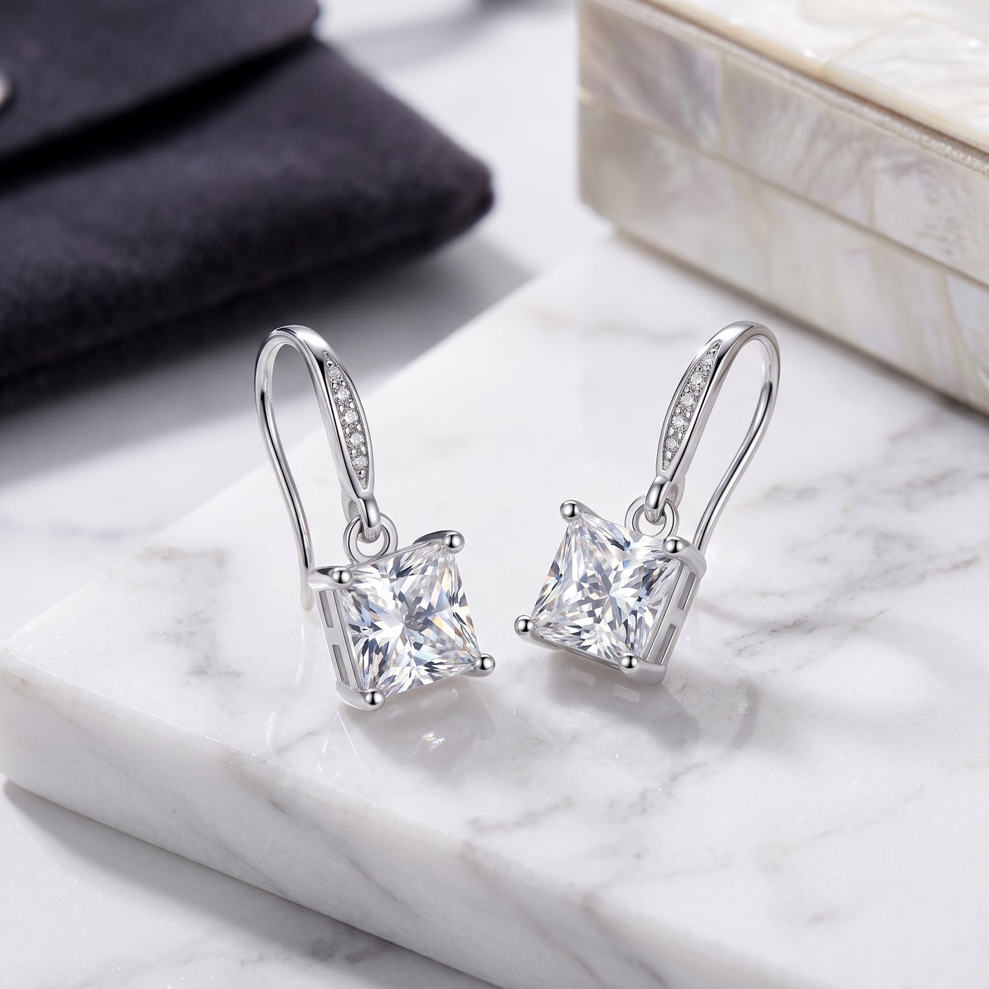 925 Sterling Silver Square Drop Earrings with AAAAA Cubic Zirconia - Silver