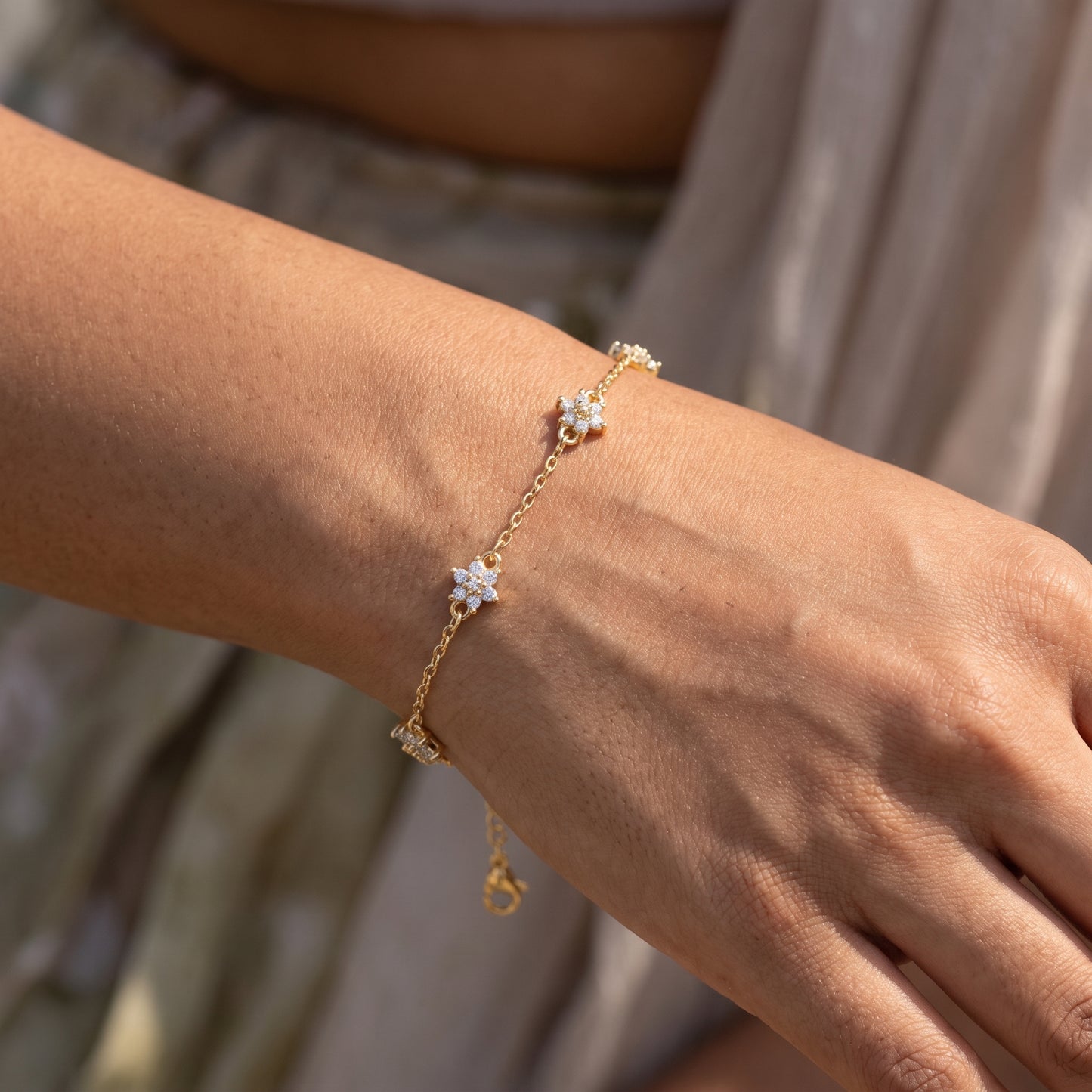 14K Gold Plated Double Layer CZ Flower Bracelet - Gold