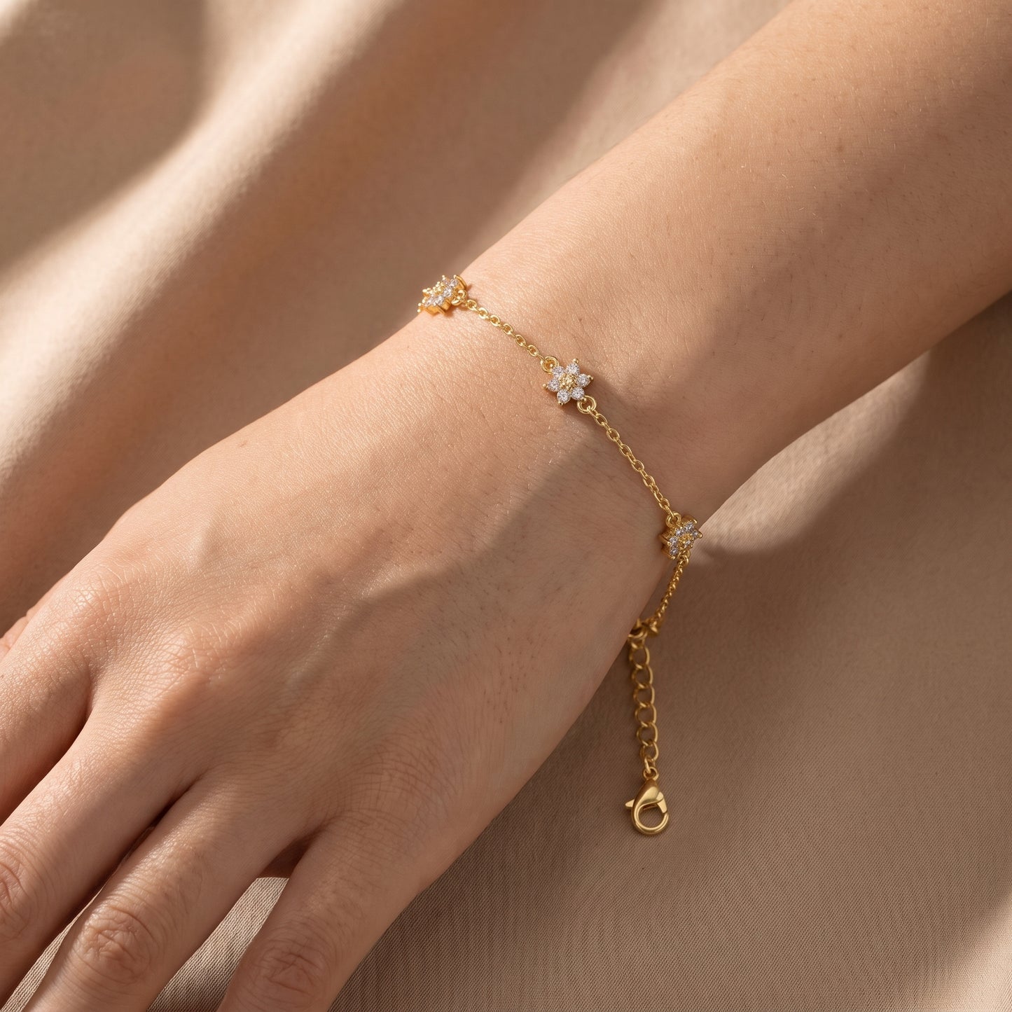 14K Gold Plated Double Layer CZ Flower Bracelet - Gold