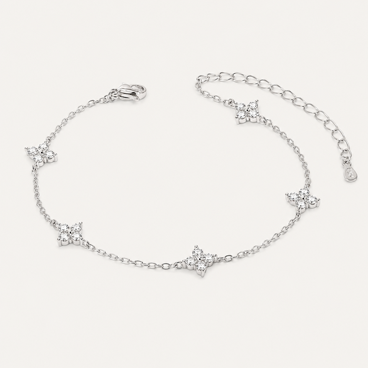 925 Sterling Silver Clover Charm Bracelet with Cubic Zirconia - Silver