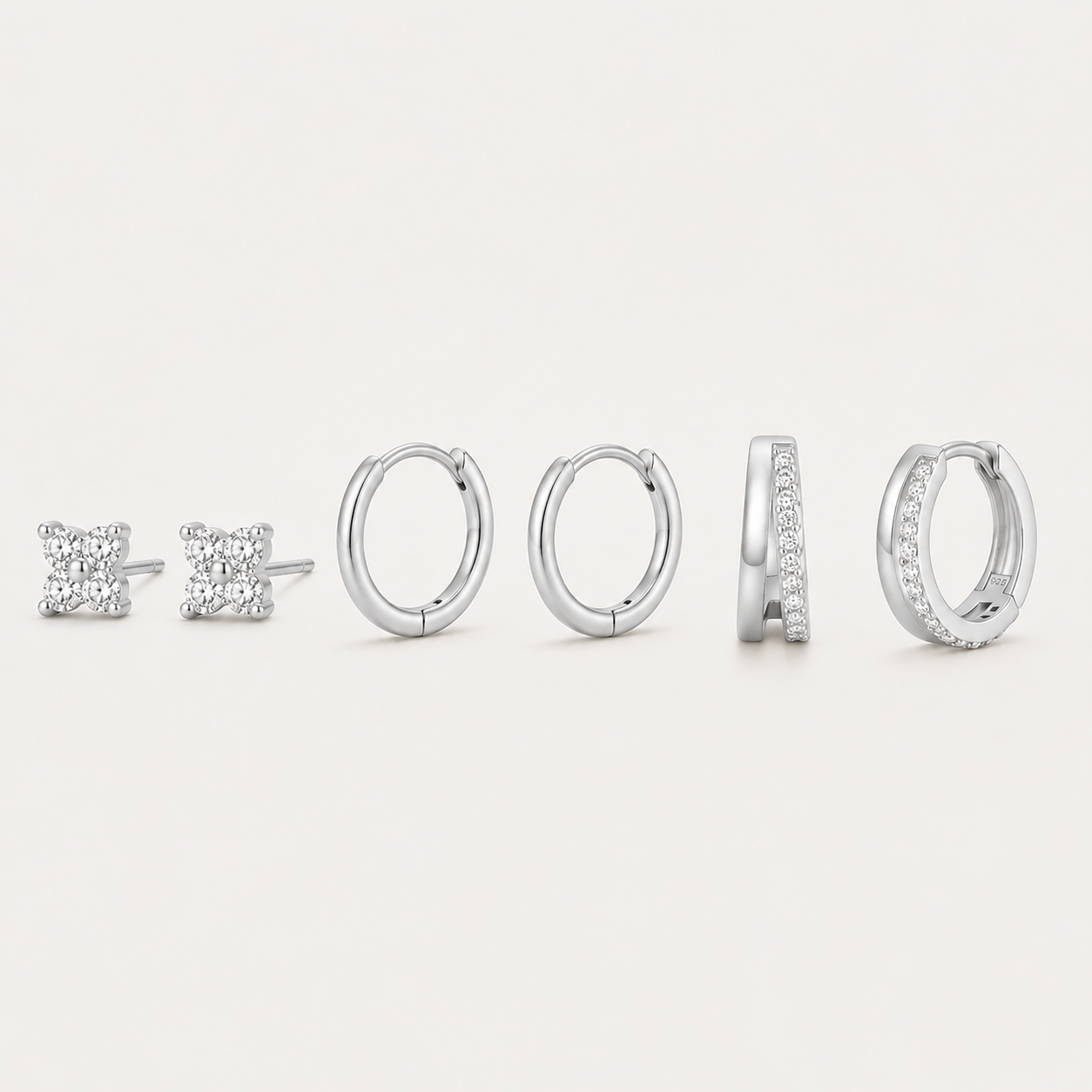 925 Sterling Silver Flower CZ Stud and Hoop Earring Set - 3 Pairs Silver