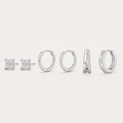 925 Sterling Silver Flower CZ Stud and Hoop Earring Set - 3 Pairs Silver