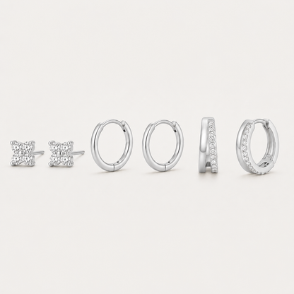 925 Sterling Silver Flower CZ Stud and Hoop Earring Set - 3 Pairs Silver