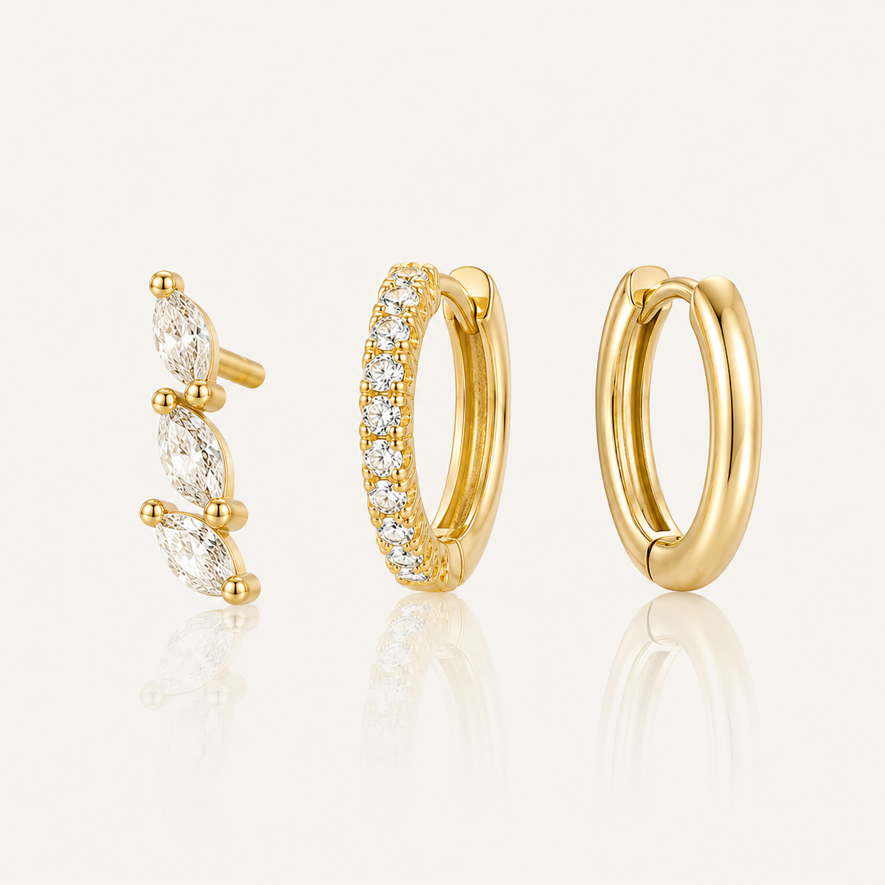 925 Sterling Silver Maple Leaf CZ Stud and Hoop Earring Set of 3 Pairs - Gold