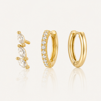 925 Sterling Silver Maple Leaf CZ Stud and Hoop Earring Set of 3 Pairs - Gold