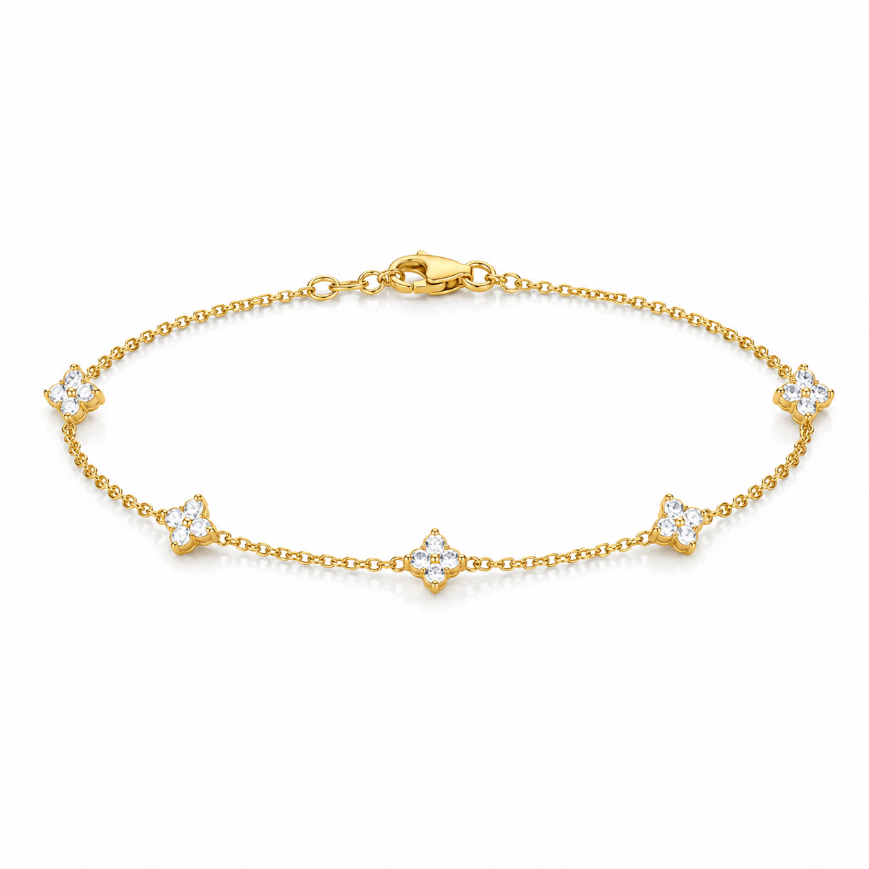 925 Sterling Silver Clover Charm Bracelet with Cubic Zirconia - Gold