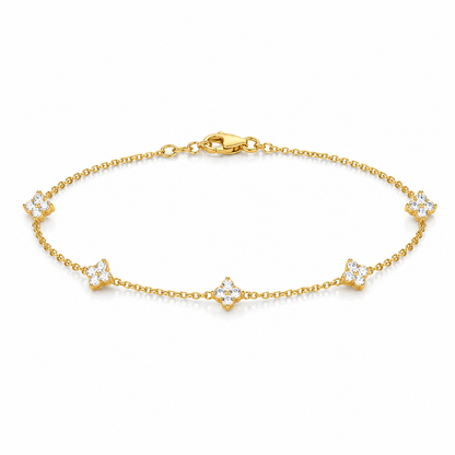 925 Sterling Silver Clover Charm Bracelet with Cubic Zirconia - Gold
