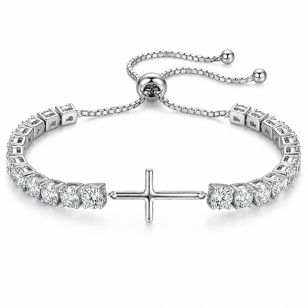 925 Sterling Silver Plated Cross Tennis Bracelet with White Cubic Zirconia - Silver