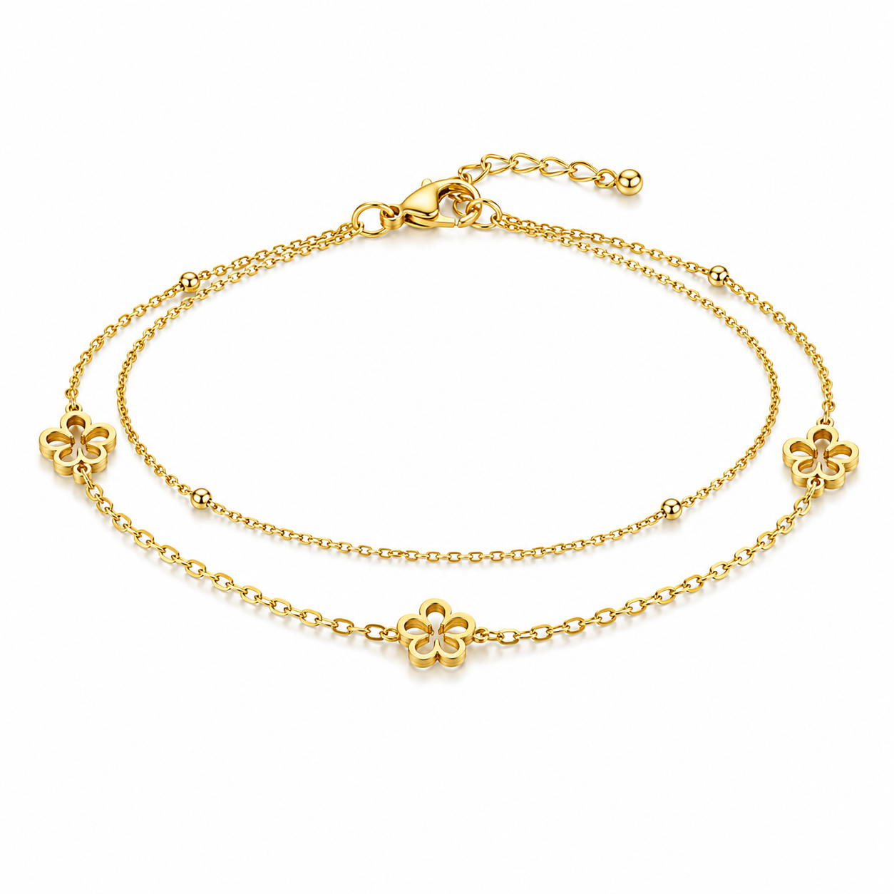 14K Gold Plated Double Layer Flower Bracelet - Gold