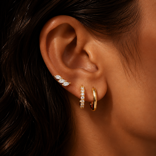 925 Sterling Silver Maple Leaf CZ Stud and Hoop Earring Set of 3 Pairs - Gold