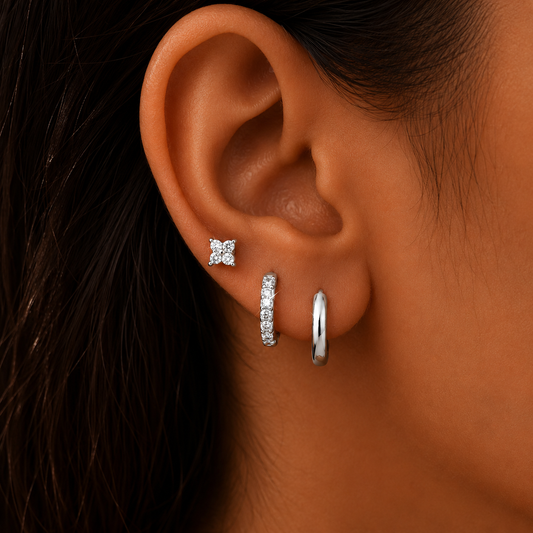925 Sterling Silver Leaf CZ Stud and Hoop Earring Set of 3 Pairs - Silver
