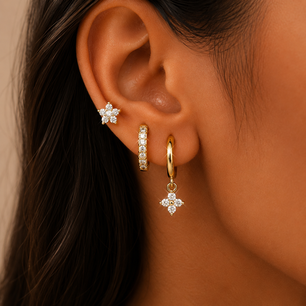 925 Sterling Silver Flower CZ Stud and Hoop Earring Set of 3 Pairs - Gold