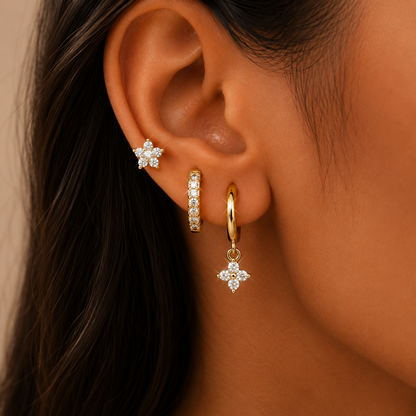 925 Sterling Silver Flower CZ Stud and Hoop Earring Set of 3 Pairs - Gold