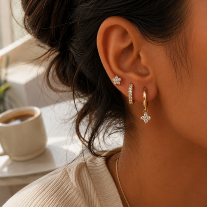925 Sterling Silver Flower CZ Stud and Hoop Earring Set of 3 Pairs - Gold
