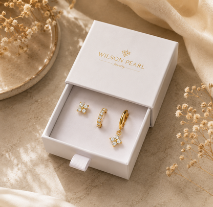 925 Sterling Silver Flower CZ Stud and Hoop Earring Set of 3 Pairs - Gold