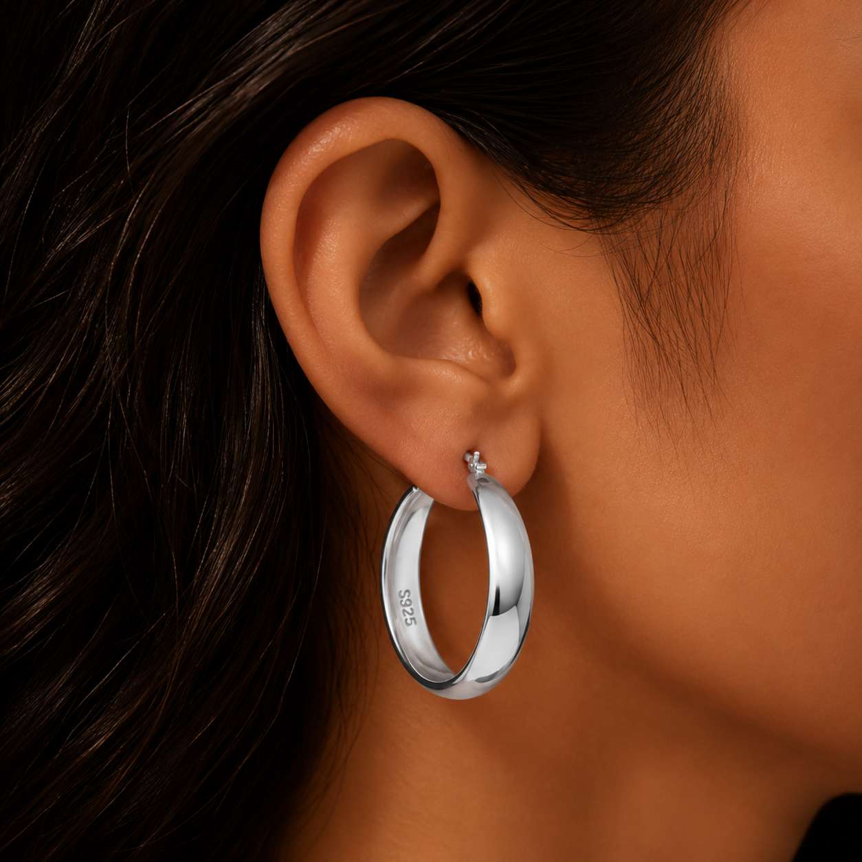 925 Sterling Silver Chunky Hoop Earrings - Silver 40mm