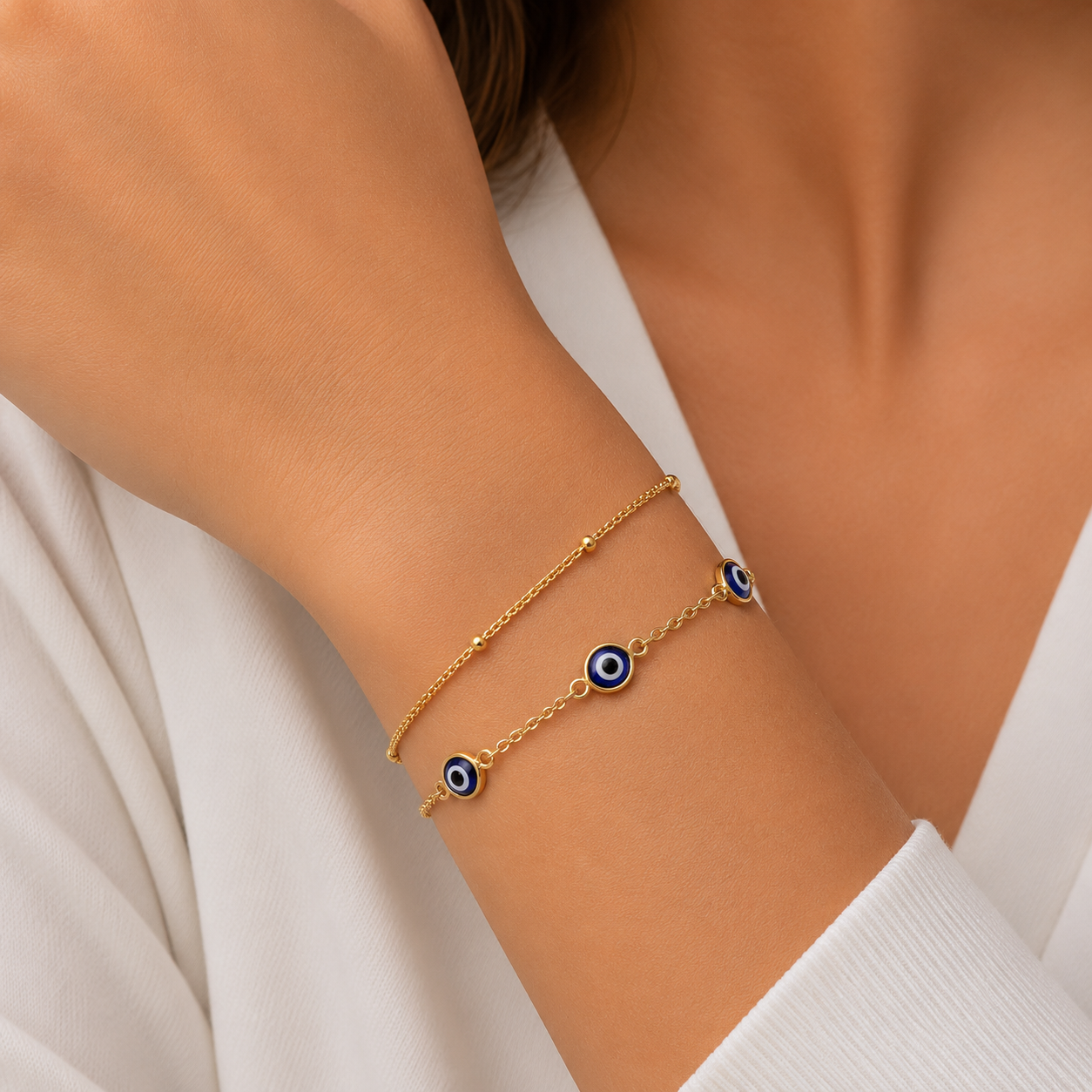 14K Gold Plated Double Layer Evil Eye Bracelet - Gold