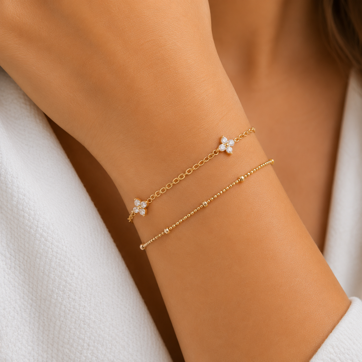 14K Gold Plated Double Layer CZ Clover Bracelet - Gold