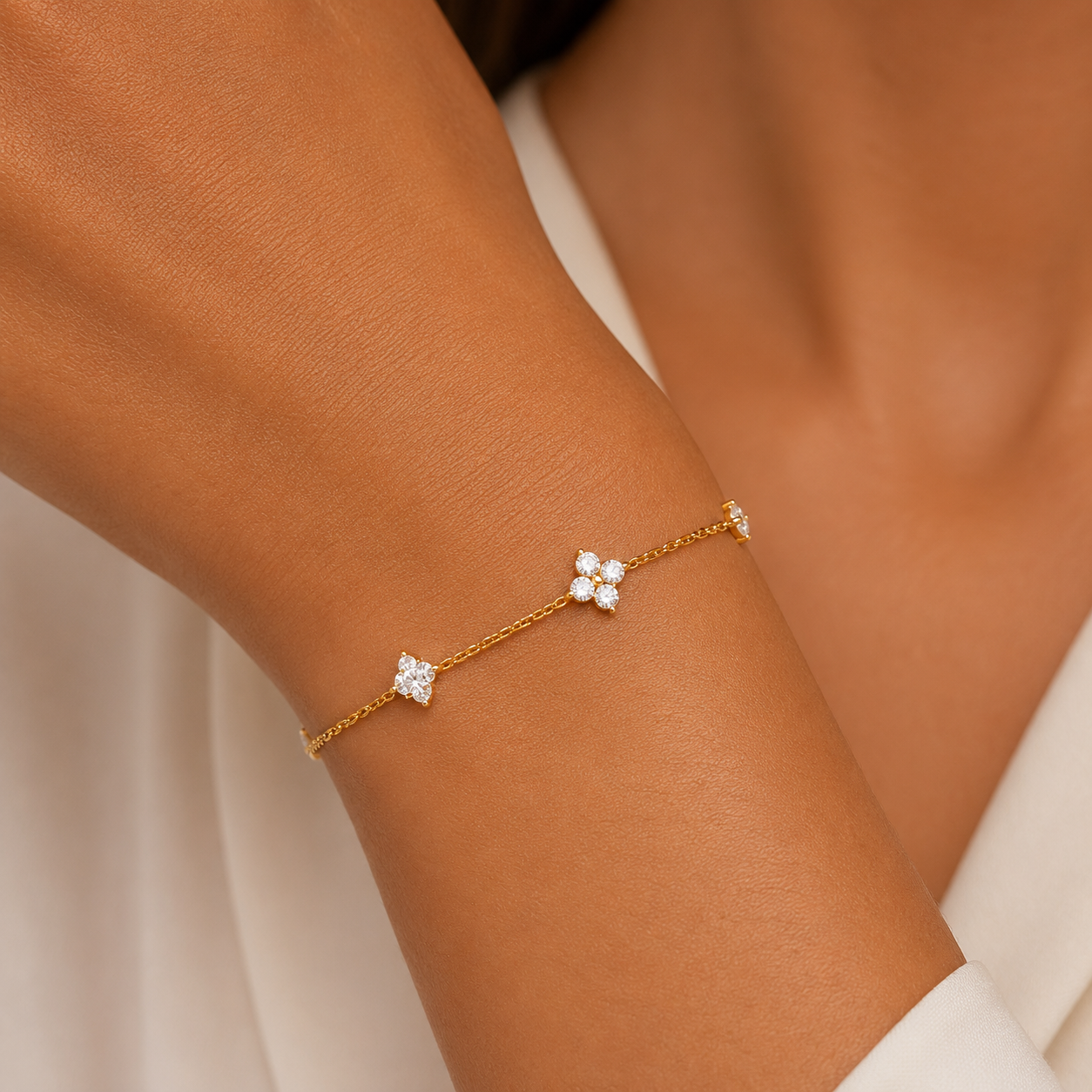 925 Sterling Silver Clover Charm Bracelet with Cubic Zirconia - Gold