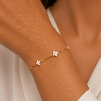 925 Sterling Silver Clover Charm Bracelet with Cubic Zirconia - Gold